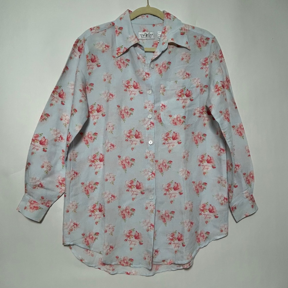 Villager Sport Button Down Women Small‎ Blue Pink Floral Ramie Blend Cottagecore
